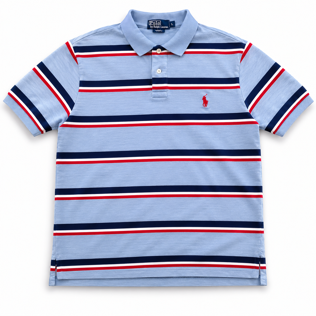 Vintage Polo Ralph Lauren Poloshirt Herren L | Grau gestreift | Rot Blau Creme | 90er Streetwear