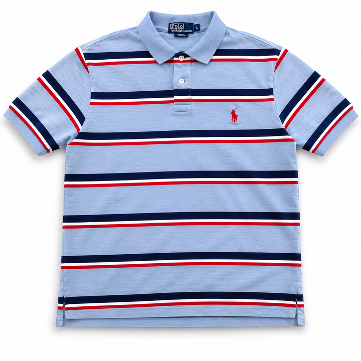 Vintage Polo Ralph Lauren Poloshirt Herren L | Grau gestreift | Rot Blau Creme | 90er Streetwear