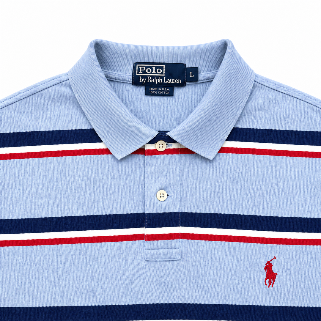 Vintage Polo Ralph Lauren Poloshirt Herren L | Grau gestreift | Rot Blau Creme | 90er Streetwear