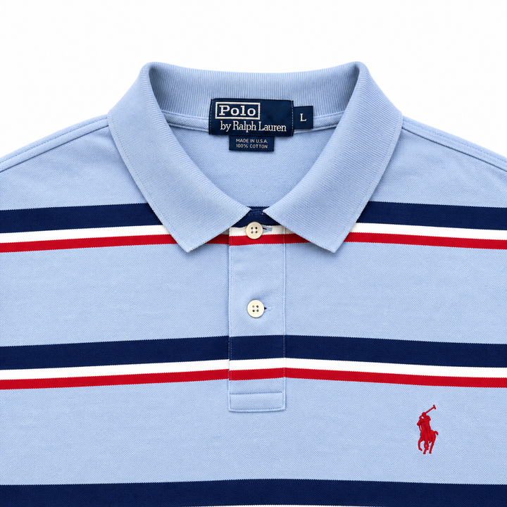 Vintage Polo Ralph Lauren Poloshirt Herren L | Grau gestreift | Rot Blau Creme | 90er Streetwear